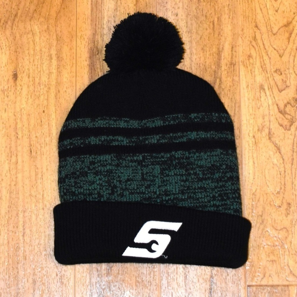 Snap-on Tools Beanie Hat‎ Mens OSFM Black Green Excellent Pom Pom Cuffed Logo
